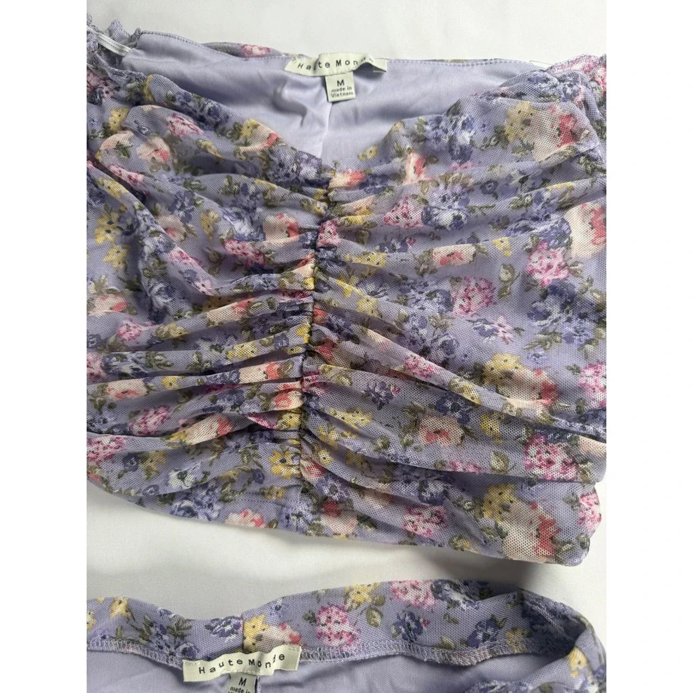 Haute Monde Two Piece Skirt Set Womens M Purple Excellent Floral Ruched Mesh Y2K